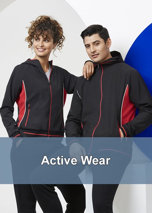 Two people in corporate active wear